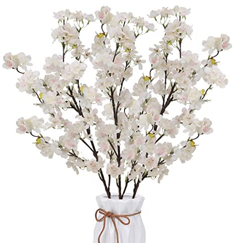 SLFYEE 3pcs 110cm Künstliche Blumen Sakura Seidenblumen Kirschblüten Lange Stiele Kunstblumen Weiß Plastikblumen Deko für Vase Zimmer Balkon Garten Feiern Frühling
