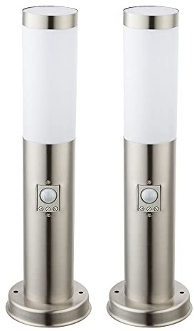 Sockelleuchte E27 Stehlampe Garten Außenleuchte Bewegungsmelder, Wetterfest IP44, Sensor, Edelstahl silber opal, 1x E27 Fassung, DxH 7,6x45cm, 2er Set