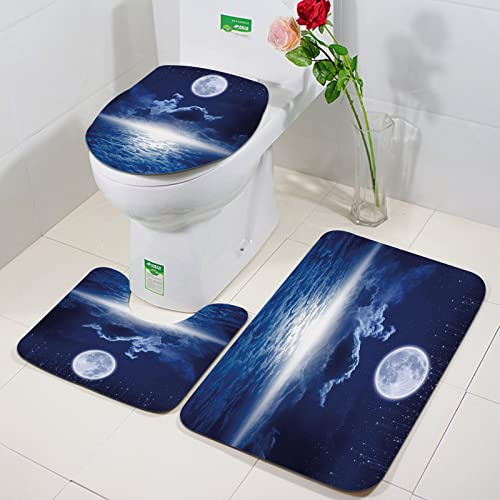 Ensemble Tapis de Bain 3 Set,Ciel nocturne, pluie d'étoiles du ciel noir nocturne Pleine lune au-dessus de nuages ​​décorat,WC Tapis Contour Tapis de Salle antidérapant de Doux et Confortable Lavable