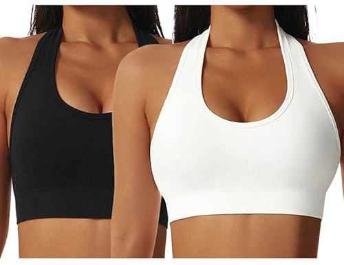 Halterneck sportbehå för kvinnor, rygglös super push up bh utan bygel, sexig sportbysthållare, dam, vadderad topp, mjuk, yoga, rygglös bh för träning, fitness, Svart + vit, S