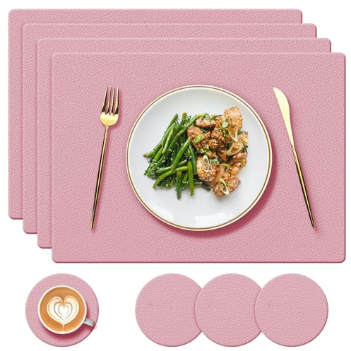 YUNJUER 4 Silikon Tischsets + 4 Waschbare Untersetzer, Hitzebeständig 230℃, rutschfeste, wasserdichte Abwischbare Tischsets für Restaurant, Innenküche, Outdoor Esstisch, Rosa