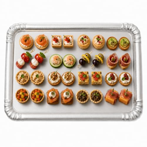 Bandeja de catering desechable de recepción | Lote de 100 palillos de cartón rígido | 2 tamaños | Plata - Oro - Negro | Servicio - Presentación Buffet Pequeños Hornos Cristalinos (plata, 28 x 42 cm)