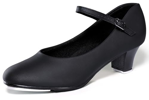 Linodes PU Leather Ankle Strap Character Tap Shoe 1.55'' Dance Shoes for Women-Black-8.5M-UPD