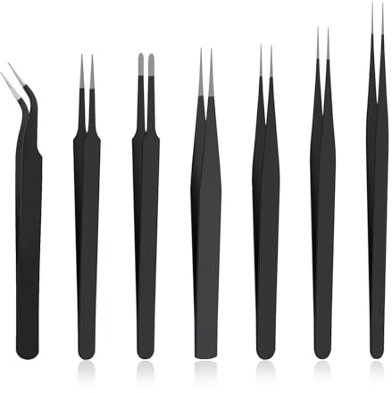 YOYEAH Juego de 5 pinzas de precisión de acero inoxidable para fabricación de joyas, reparación electrónica y manicura, antiestáticas y antideslizantes, con puntas y pinzas curvas, para manualidades y