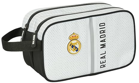 Safta Real Madrid 1:a UTRUSTNING 24/25 - Stor skolväska, barnväska, anpassningsbar till vagn, perfekt för barn i åldrarna 5 till 14 år, bekväm och mångsidig, 26 x 12,5 x 15 cm, vit/grå färg, Vit/grå,
