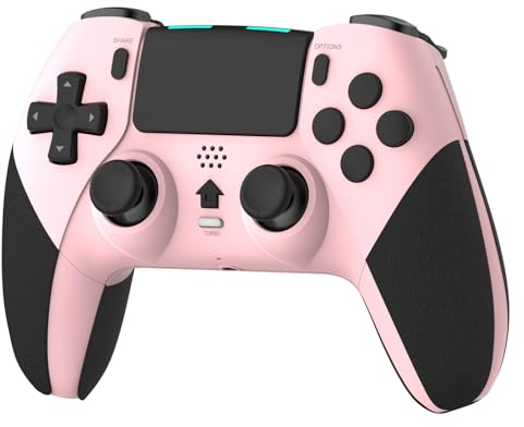 RCCBOOST Mando Inalámbrico para PS4, Mando PS4 con Conector para Micrófono y audio, Mando P4 con Doble Vibración y Giroscopio de Seis Ejes, Macro, Turbo, Pantalla Táctil, Batería de 800mah(Rosa)