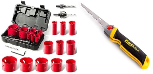 Scie Cloche Bi-métal, HYCHIKA 17 PCS Coffret de Scie Trépan avec 11PCS Lames de Scie 20-68 mm & STANLEY FATMAX Scie pour Usage Général - Découpe du Plâtre - 8 Dents/Pouce - Denture Triple Biseaux