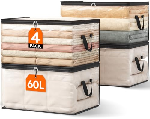 Lifewit 4 Piezas Bolsas para Guardar Ropa Transparentes 60L, Bolsas Almacenaje Ropa Plegable de PVC, Cajas Almacenaje con Asas, Organizador Armario Para Mantas, Ropa, Juguetes, Mudanza, Libro