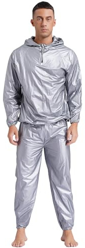 Mufeng Men's Sauna Sweat Outfit PVC Sweating Suit Hooded Jackets and Jogger Pants Exercise Outfits Type B Silver 4XL