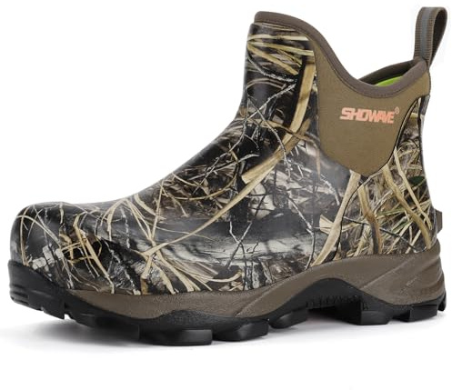 Showave Men's Rubber Boots Waterproof Rain Footwear Durable Short Hunting Boots for Mud Gardening Yard and Chore Working (Size 10,Camo)