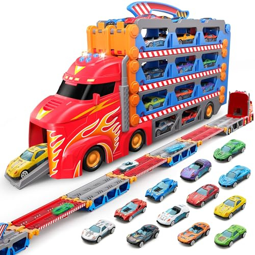 SYNCFUN Transport Renn Truck Spielzeugautos,riesiges Rennstrecken Truck Spielzeug,faltbares Set mit 12 Metallautos,Lichtern und Geräuschen,Geschenk für 3,4,5,6 und 7jährige Jungen und Mädchen