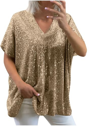 Sequin Tops for Women UK Loose Sexy Deep V Neck Short Sleeve Glitter Sequin T Shirts Plus Size Fashion Solid Sparkly Blouses Evening Party Club Tee Shirts Summer Tops, S-XXXL
