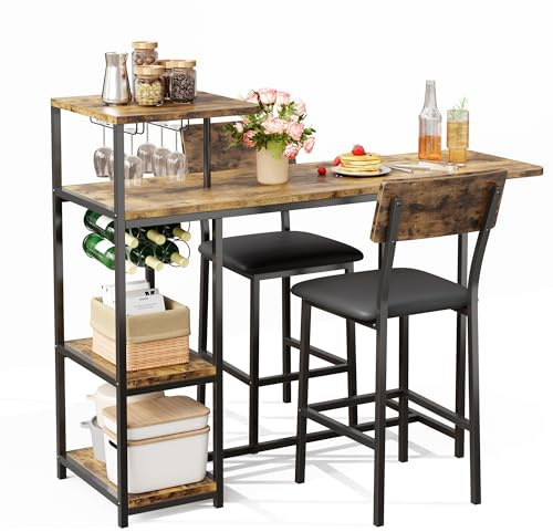 Garvee Dining Table Set for 2, 3-Piece Expandable Bar Table and Chairs Set, with Storage Shelves and Wine Rack, Small Kitchen Dining Set for Living Room, Apartment