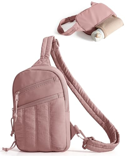 Smasrob Puffer Sling Bag for Women with RFID Blocking Pocket and Hidden Water Bottle Holder, Crossbody Bag for Women (Dark Pink)