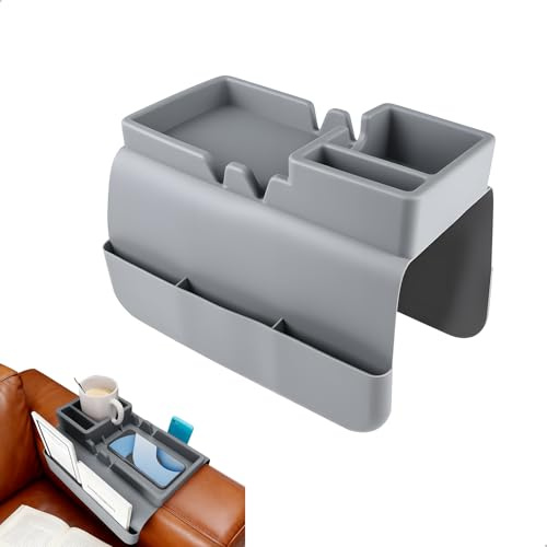 momgyaamz Sofatablett Silikon, Sofatablett Armlehne für Handys, Tassen, Bücher und Snacks, Couch Tablett Platzsparend, Sofa Tablett Großes Fassungsvermögen, ArmlehnenTablett Grau, 1 Stück