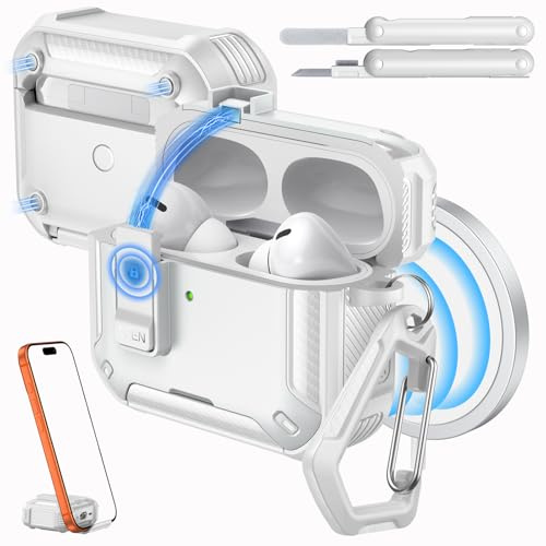 MoKo per Custodia AirPods Pro 2 con Chiusura, Compatibile con MagSafe, Supporto per Telefono&Pop-up Automatico per Custodia AirPod Pro 2a/1a Gen, Copertura Protettiva con Kit Pulizia, Bianco
