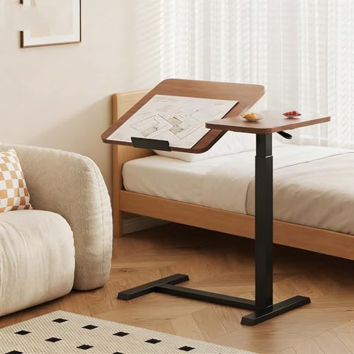 Beistelltisch mit Rollen, verstellbarer C-förmiger Rolltisch für Bett und Couch, 60° neigbar, geteilte Oberseite, ultra-niedriges Profil, passt unter Sofa/Bett
