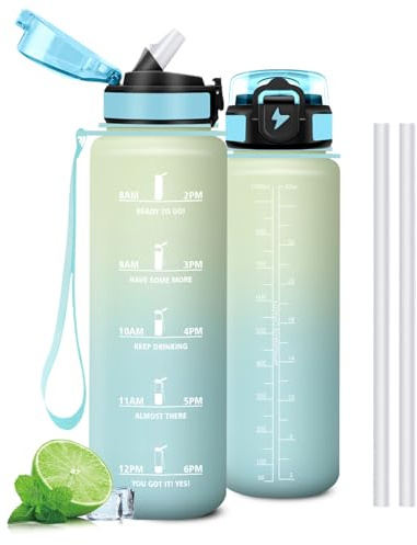Mujigaga Botella Agua Gimnasio con Pajita, Botella Agua 1 litro, Diseño de Cerradura, A Prueba de Fugas Cantimplora, con Marcador de Tiempo, Cantimplora para Colegio, Hogar, Deportes
