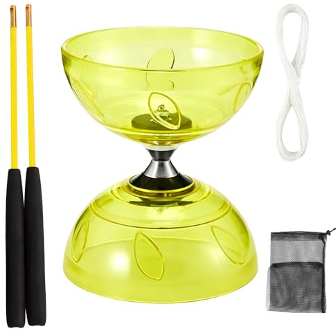 KUWUNG LED Diabolo mit Kugellager, 4,5mm Diabolo Leuchtend, Diabolo Jonglier Set mit Handstäben, Freilauf Zirkus Werkzeug für Erwachsene Anfänger Berufstätige (Gelb)