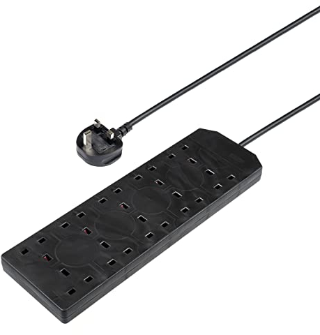 Invero® 10 Way Gang Power Mains Extension Lead 5M Metre Cable British Approved 13A Amps - Black