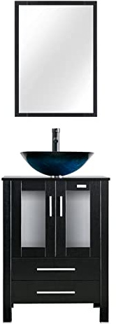 eclife 24 Modern Bathroom Vanity Sink Combo Freestanding Cabinet with Soft Closing Door, Turquoise Square Glass Vessel Sink, Water Save Faucet, Drain (Black+A10)