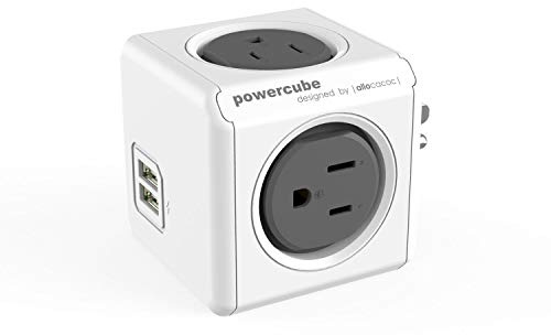 Allocacoc PowerCube Original USB; 4 Outlets Surge Protector 2 USBs Cubic Multi Socket Extender Power Tab Space Saving Compact No Blockage Dorm Home Office125V 15A 1875W Max Grey