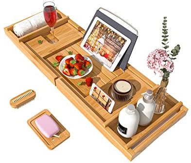 Bath Caddy Tray for Bathtub - Bamboo Adjustable Organizer Tray for Bathroom with Free Soap Dish Suitable for Luxury Spa or Reading
