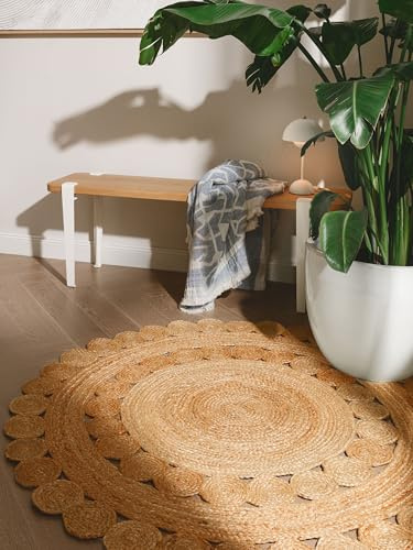 benuta Pure Tappeto Juta Jutta - Naturale Rotondo 120 cm - Tessuto a Mano per Camera da Letto, Salotto, Soggiorno - Design Boho - Adatto al Riscaldamento a Pavimento