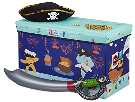 Relaxdays Baúl para Juguetes, Taburete Infantil, Plegable, niñas, Piratas, 50L, Azul, 36 X 60,5 X 30,5 Cm