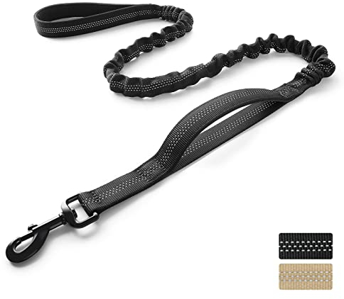 rabbitgoo Starke Bungee Hundeleine mit 2 Gepolsterten Griff und Metallhaken, Taktische Sicherheit Hundeführleine für Große/Mittlere Hunde, Flexi Elastische Ruckdämpfer Führleine, Schwarz 114-158cm