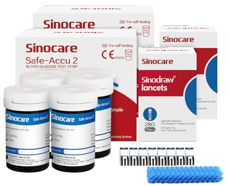 Sinocare Safe-Accu2 Strisce Reattive per Glicemia, Contiene 100 Strisce e 100 Lancette, Solo per il Glucometro Safe-Accu2