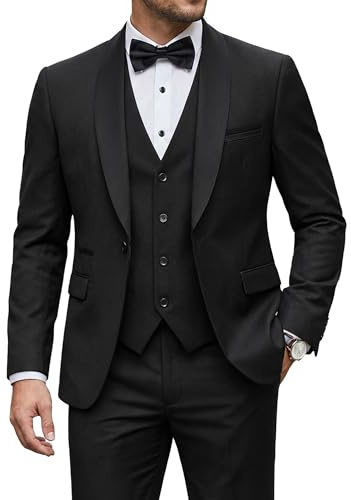 YND Men's 3 Piece Tuxedo Set with Tie, Shawl Lapel Suit Blazer Vest Pants