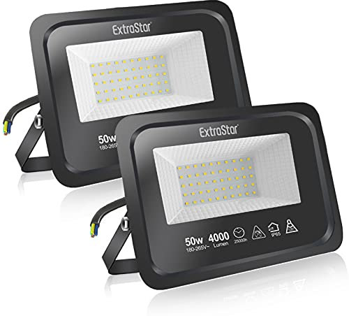 EXTRASTAR 50W LED Floodlight Outdoor, 4000LM Super Bright LED Security Lights, IP65 Waterproof Flood Light Wall Lights for Garden, Garage, Warehouse, Backyard and More - 3000K Warm White, 2 Pack
