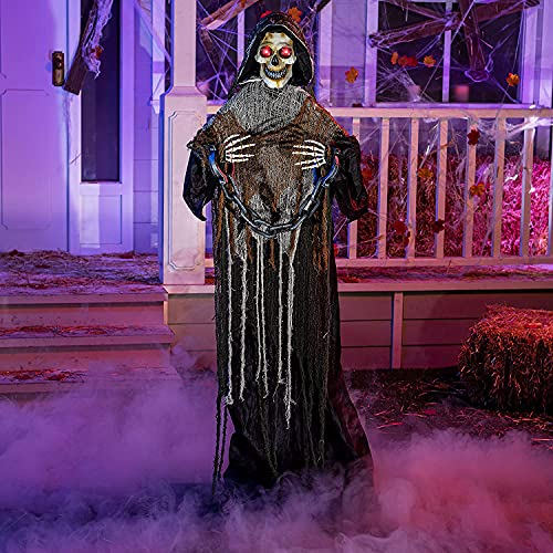 69'' Halloween Animated Grim Reaper Decoration with Chain, Life Size Skeleton with Light-up Eyes Creepy Sound (Sound Activated) for Halloween Haunted House Prop Outdoor/Indoor Lawn Decorations