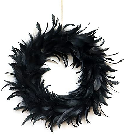Mokyler Schwarzer Federkranz, gefälschte Feder-Dekorationen, 40 cm, künstliche Girlande, handgefertigt, Kranz, Ornamente für Haustür, Haus, Garten, Innen- und Außenbereich, Halloween-Dekoration