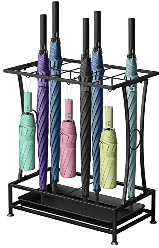 YOCOMEY Metal Umbrella Holder Stand with Removable Drip Tray, Industrial Free Standing Umbrella Rack Organizer for Entryway Home Office Patio Decor(10 Slots 8 Hooks, Black)