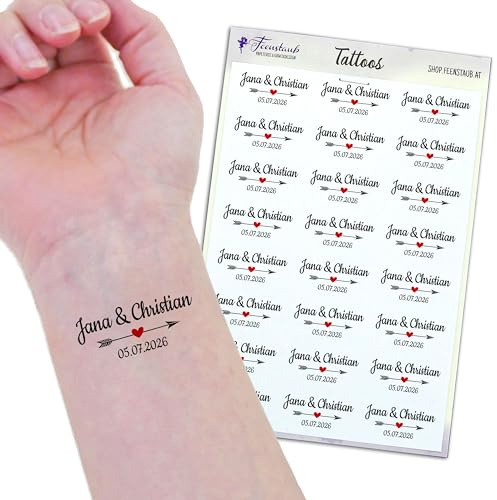 Temporäre Tattoos für Hochzeit mit Brautpaar Name & Datum personalisiert für Hochzeitsgäste, kreative Anstecker Alternative, Tattoos Hochzeit zum Aufkleben, Abziehtattoo für Erwachsene, Feenstaub