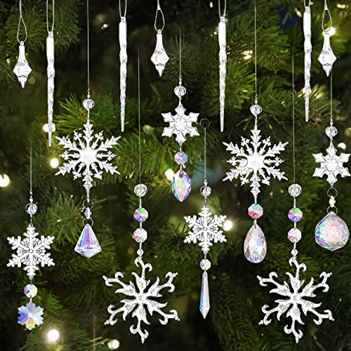 16PCS Acrílico Decoración Navideña, Transparente Carámbanos Copo de Nieve con Cristal K9, árbol de Navidad Adornos Colgantes Conjuntos