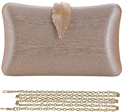 CORIOS Clutch Damen Kette Abendtasche Glitter Handtasche Glänzend Schultertasche Umhängetasche mit Blatt Schnalle Verschluss Portemonnaie Tasche für Cocktailparty Abendparty Tanzparty Champagnerfarbe