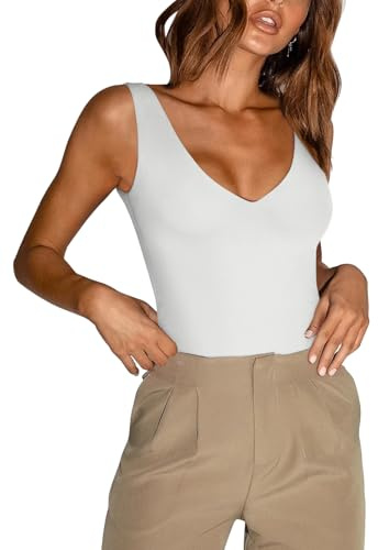 REORIA Damen Sexy Plunge Tiefer V-Ausschnitt Ärmellos V Rückenfrei Ausgehen Tank Bodysuits Tops