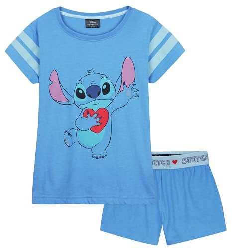 Disney Girls Short Pyjamas Set, Soft Breathable 2 Piece Lounge Wear - Girls Gifts (Blue Stitch, 9-10 Years)