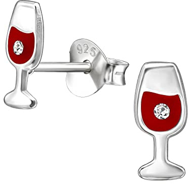 Wine Glass Earrings with Crystal Stones - 925 Sterling Silver (Small)