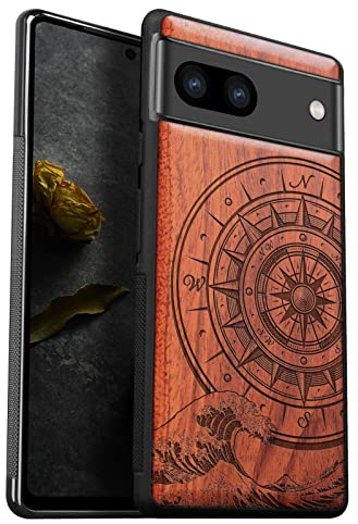 Carveit Coque Compatible avec Pixel 7a, (Rosé-Boussole Vagues) | Étui en Bois Rigide Antichoc avec Cadre en TPU Case pour Google Pixel 7a Coque Premium de Protection Cover