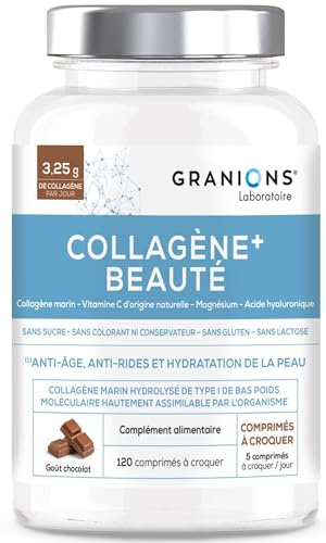 Collagene Marin - GRANIONS - Hydratation - Acide Hyaluronique - Vitamine C | Collagene Marin Et Acide Hyaluronique, Magnesium - Hydratation Peau Anti Ride - Goût Chocolat, 120 Comprimés