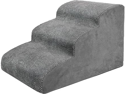 kowaku Hundetreppe Haustiertreppe 3 Stufen, Katzentreppe mit Plüschbezug waschbar, Hunderampe Stufen Bettwäsche Welpenleiter für Bett, Sofa, Couch und Auto, Grau