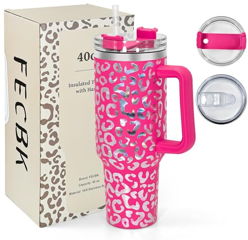 FECBK Mug Isotherme avec Paille et Poignée 1.2L, Tasse Isotherme 100% Anti-fuite, 34 Heures Froid, 12 Heures Chaud, Gobelet en Acier Inoxydable, Lavable au Lave-Vaisselle, Léopard Hot Pink