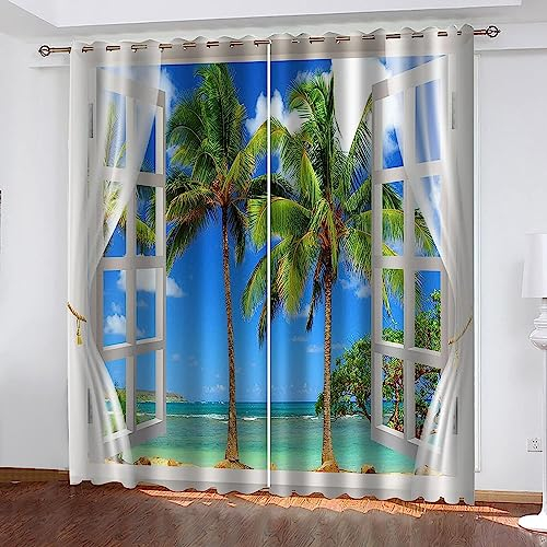 Kinder Verdunkelungsvorhänge Fenster Blauer Meerblick 3D Polyester Ösen Vorhang, Für Wohnzimmer Schlafzimmer Blickdicht Schallschutzvorhänge 2Er Set