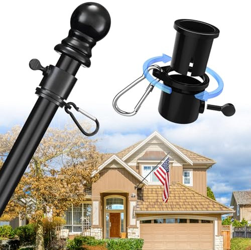 House Flag Pole Kit - 6ft Tangle Free Heavy Duty Flag Holder for Outside House,Adjustable Flagpoles Residential for Outdoor Porch Garage Boat Truck,Wall Mount & Portable Hand Held Flagpole - Black