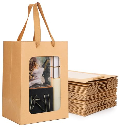 EUSOAR Sac Papier Kraft - 20 Pièces Sac en Papier Kraft avec Poignée - 210GSM Sacs Cadeaux avec Fenêtre - Pochette Cadeau Paper Bags 20x16x30cm - Gift Bags Anniversaire Party