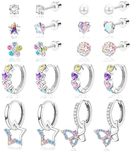 LOFITOR 10 Paar Ohrringe Set für Mädchen Kinder medizinische Ohrstecker | Silber 316L Chirurgenstahl Hypoallergen Ohrringe Edelstahl Creolen Hänger Mit Flat Back Schraubverschluss Für Damen